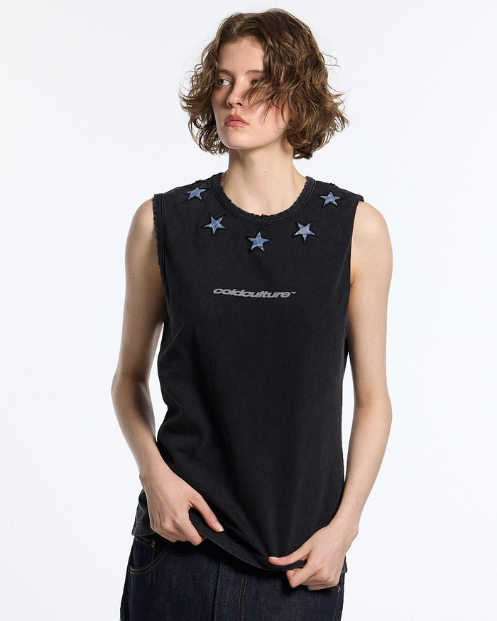 STARSHIP TOP BLACK - washed black sleeveless tee, front view on female model - Cold Culture #woman
