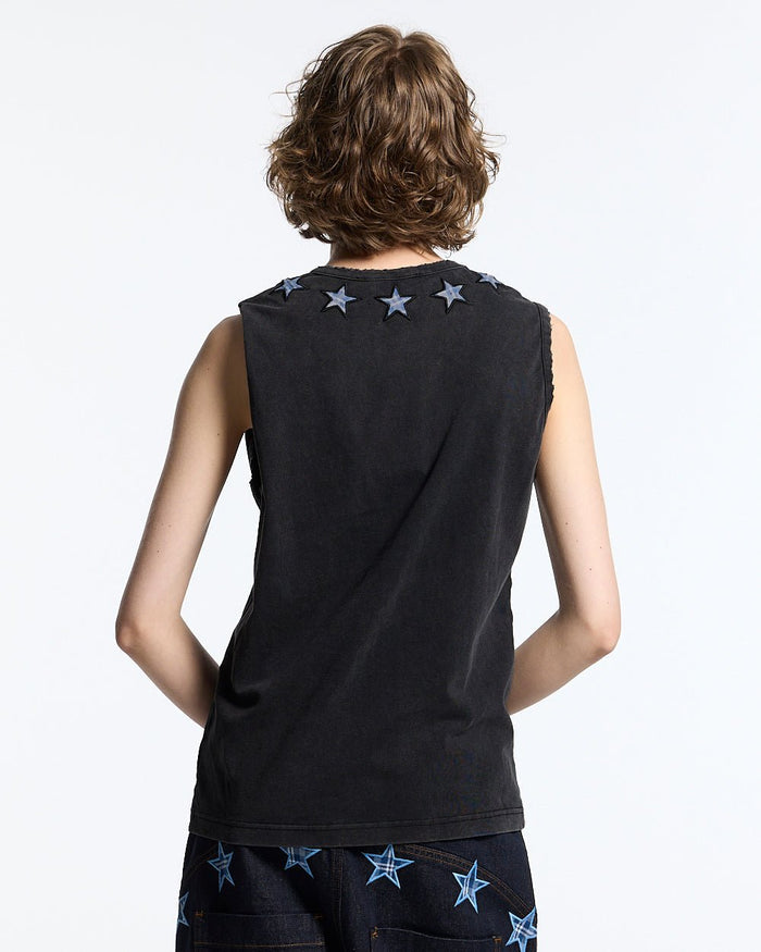 STARSHIP TOP BLACK - washed black sleeveless tee, back view on female model - Cold Culture #woman