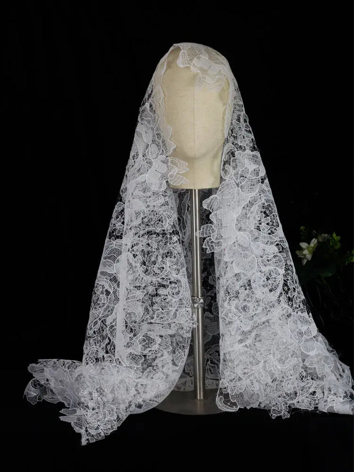 Statement Bold Floral Lace Mantilla Wedding Veil Elegant Scalloped Edge 70.86 Inches Cathedral Bridal Veil BV004 SHEER FAIRY
