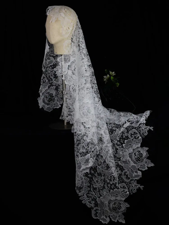 Statement Bold Floral Lace Mantilla Wedding Veil Elegant Scalloped Edge 70.86 Inches Cathedral Bridal Veil BV004 SHEER FAIRY