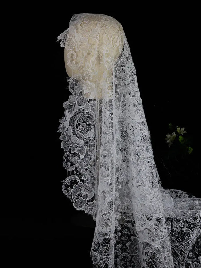 Statement Bold Floral Lace Mantilla Wedding Veil Elegant Scalloped Edge 70.86 Inches Cathedral Bridal Veil BV004 SHEER FAIRY