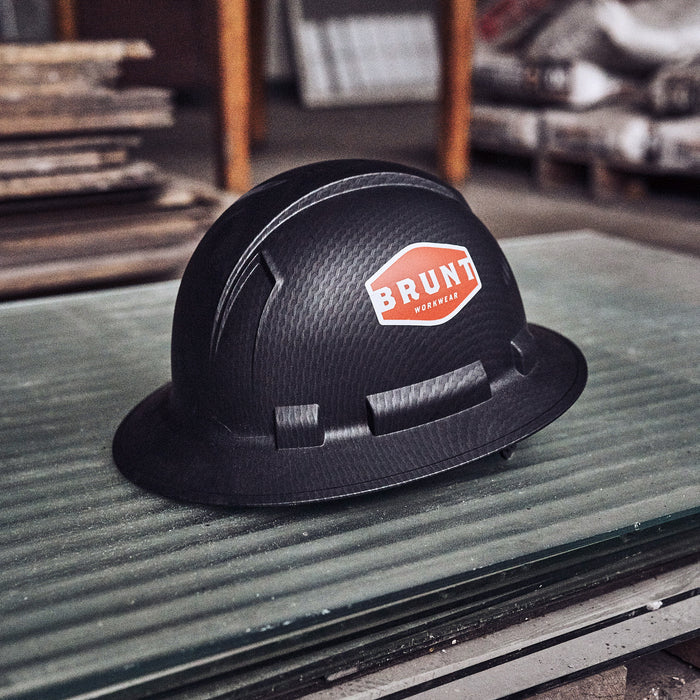 View 2 hardhat with BRUNT workwear logo sticker in orange and white