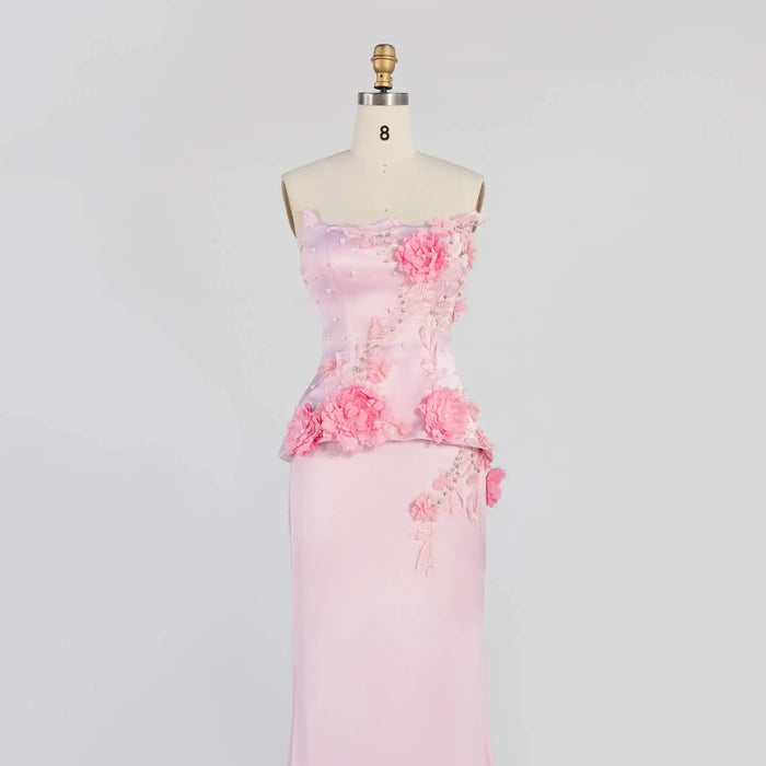 Strapless 3D Floral Satin Mermaid Gown Floor Length Formal Evening Dress ST007 Sheer Fairy