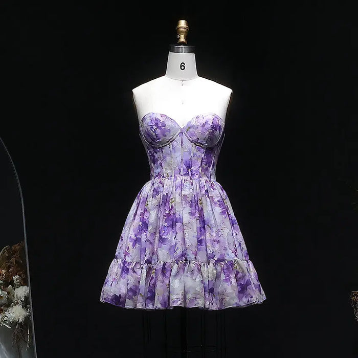 Sweetheart Lilac Floral Print Chiffon Mini Homecoming Dress with Corset Bodice RM130 Sheer Fairy