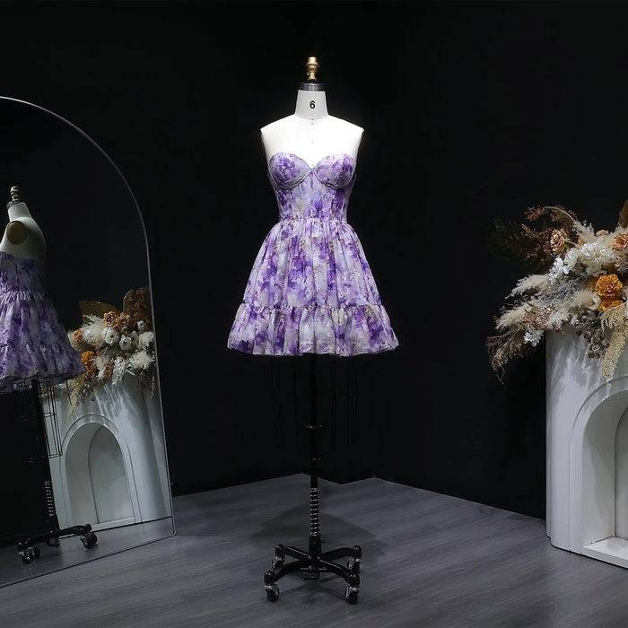 Sweetheart Lilac Floral Print Chiffon Mini Homecoming Dress with Corset Bodice RM130 Sheer Fairy