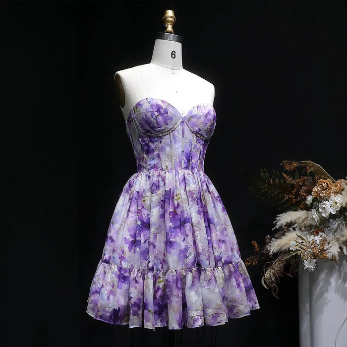 Sweetheart Lilac Floral Print Chiffon Mini Homecoming Dress with Corset Bodice RM130 Sheer Fairy