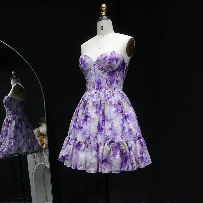 Sweetheart Lilac Floral Print Chiffon Mini Homecoming Dress with Corset Bodice RM130 Sheer Fairy