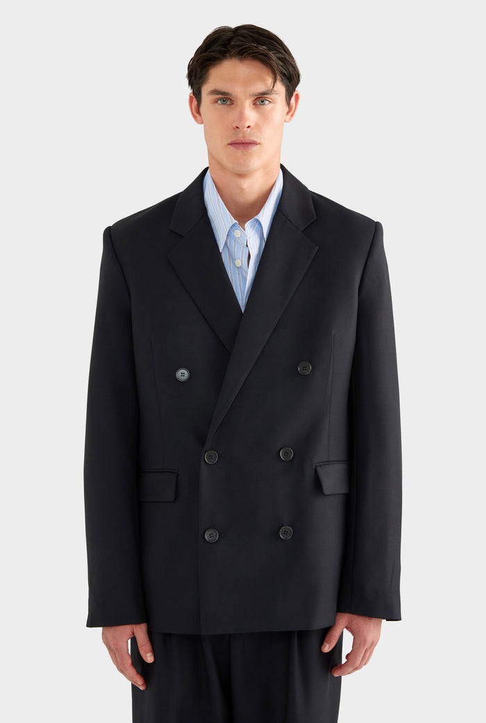 Tailored Wool Double Breasted Suit Jacket - Black - 100% Wool / Black / XS