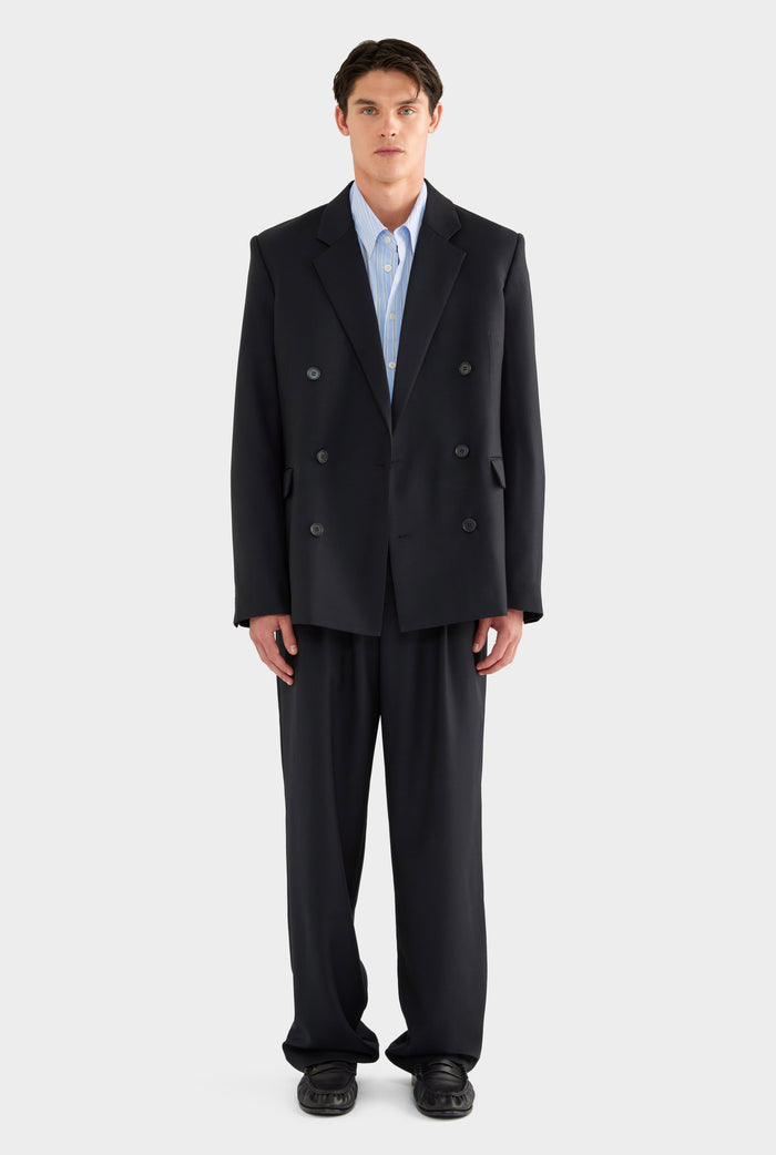 Tailored Wool Double Breasted Suit Jacket - Black - 100% Wool / Black / XS
