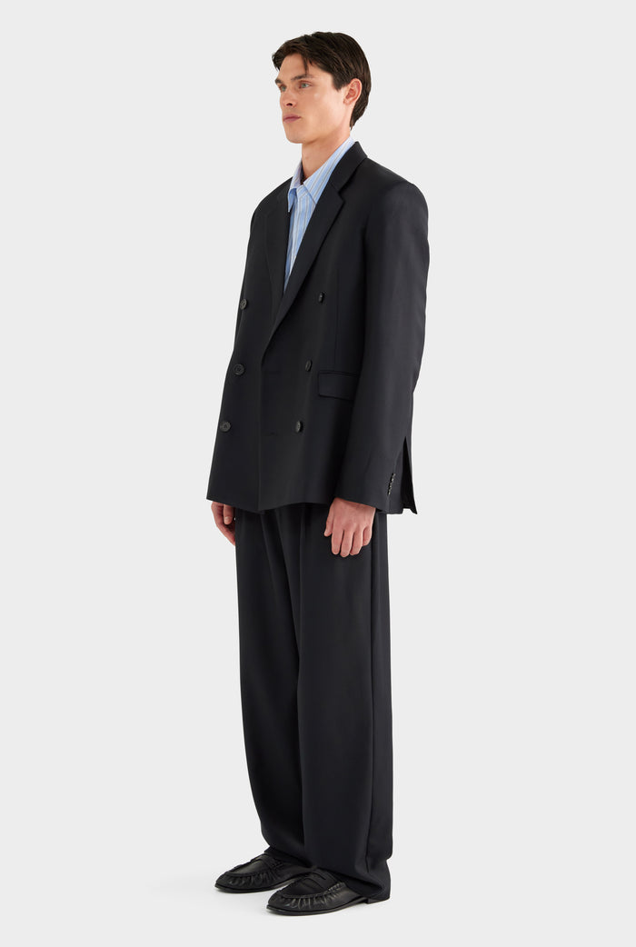 Tailored Wool Double Breasted Suit Jacket - Black - 100% Wool / Black / XS