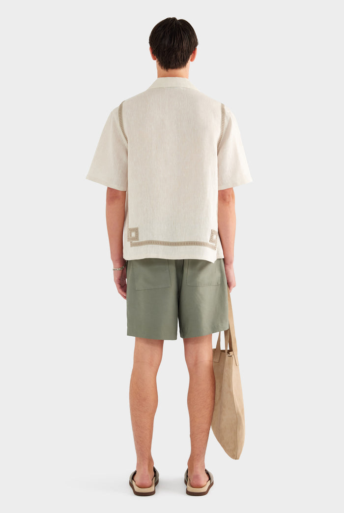 Tape Border Linen Camp Collar Shirt - Sand - XS