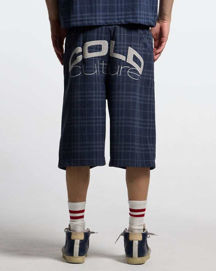 TARTAN CLUB SHORTS NAVY - navy check shorts, back view on male model - Cold Culture #man