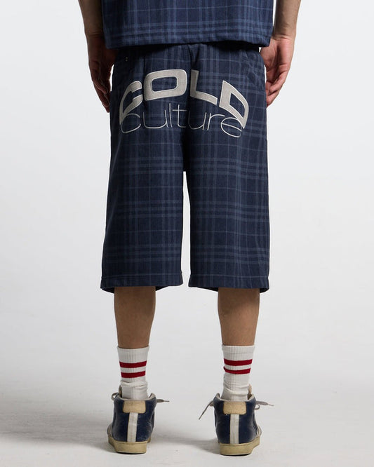 TARTAN CLUB SHORTS NAVY - navy check shorts, back view on male model - Cold Culture #man