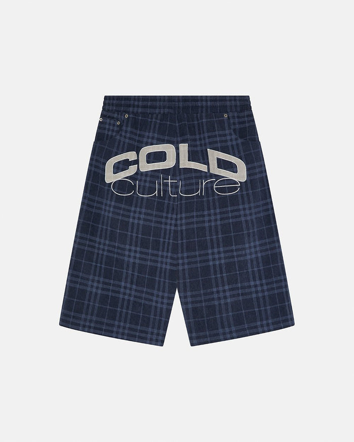 TARTAN CLUB SHORTS NAVY - navy check shorts, back view - Cold Culture
