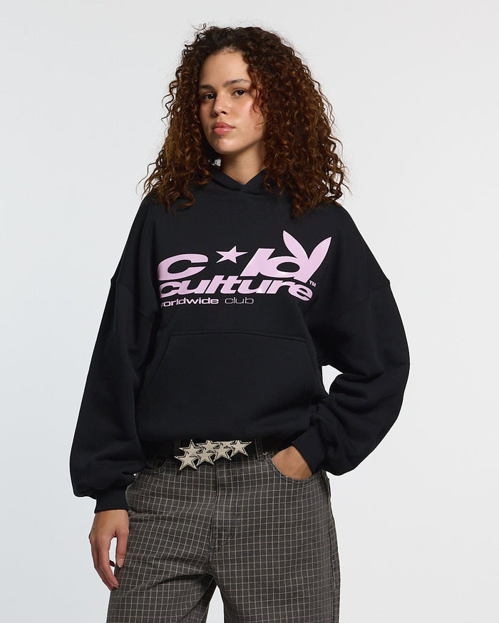 TEASE ME HOODIE BLACK - black graphic print hoodie, front view on female model - Cold Culture #woman