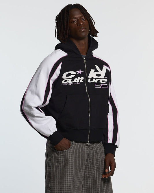 TEASE ME ZIP HOODIE BLACK & GREY - black and white zip-up hoodie, front view on male model - Cold Culture #man