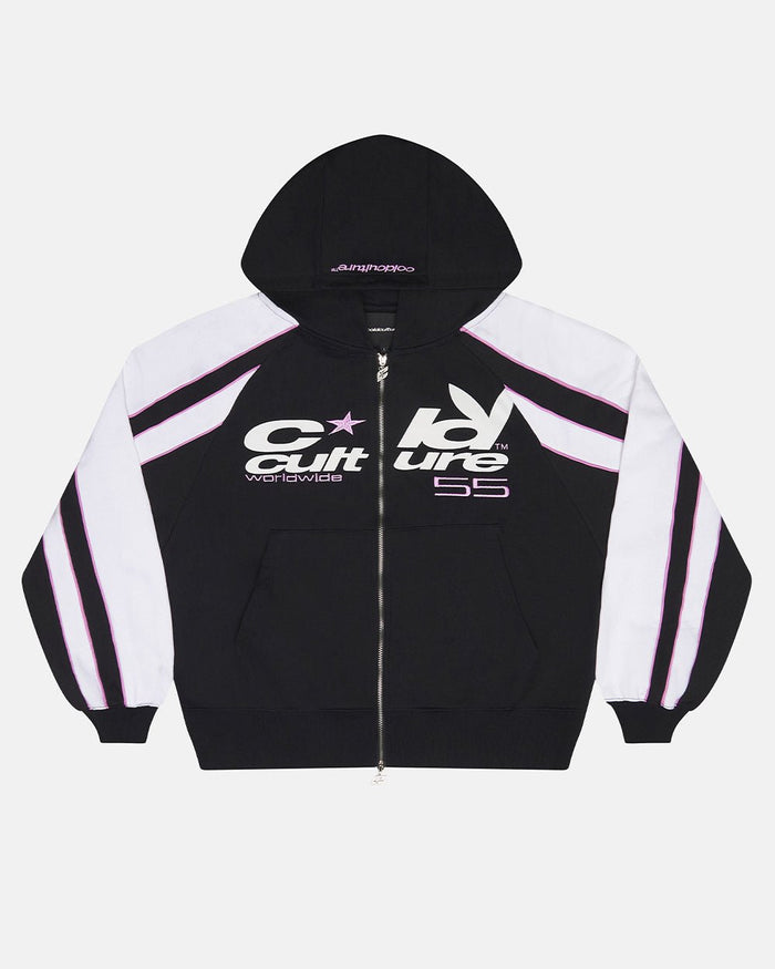 TEASE ME ZIP HOODIE BLACK & GREY - black and white zip-up hoodie, front view - Cold Culture