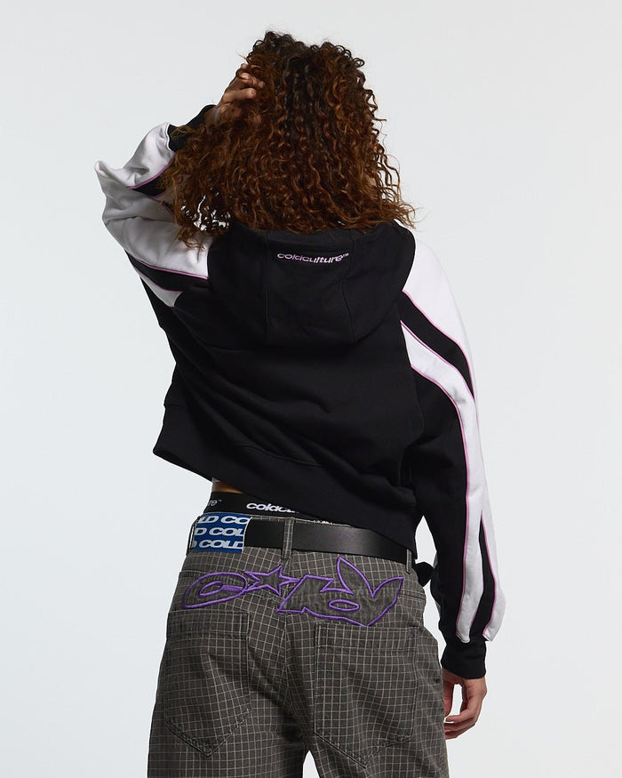 TEASE ME ZIP HOODIE BLACK & GREY - black and white zip-up hoodie, back view on female model - Cold Culture #woman
