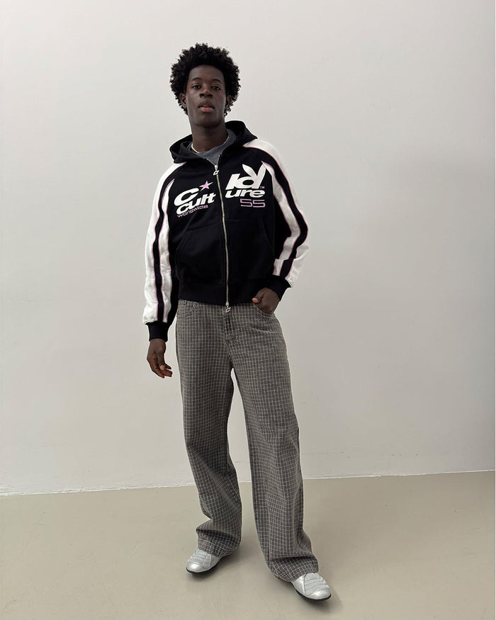 TEASE ME ZIP HOODIE BLACK & GREY - black and white zip-up hoodie, front view on male model - Cold Culture