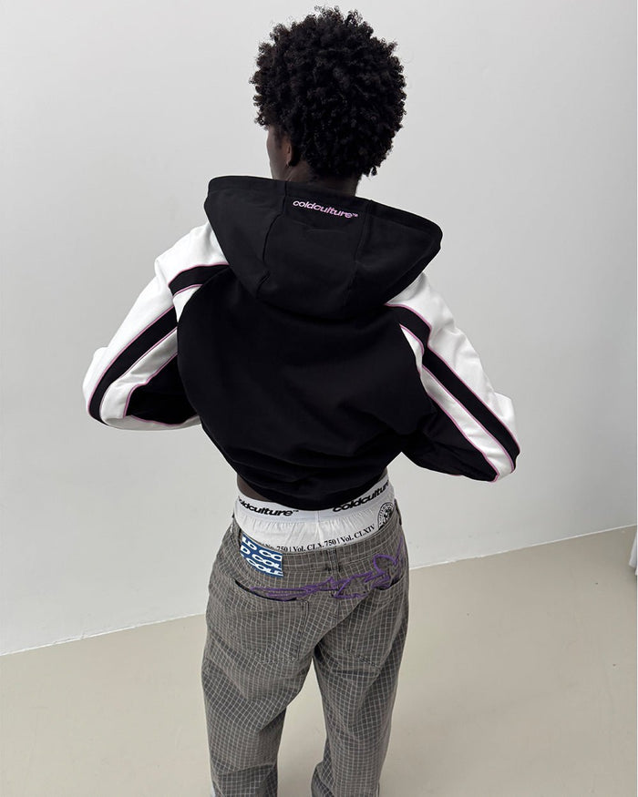 TEASE ME ZIP HOODIE BLACK & GREY - black and white zip-up hoodie, back view on male model - Cold Culture