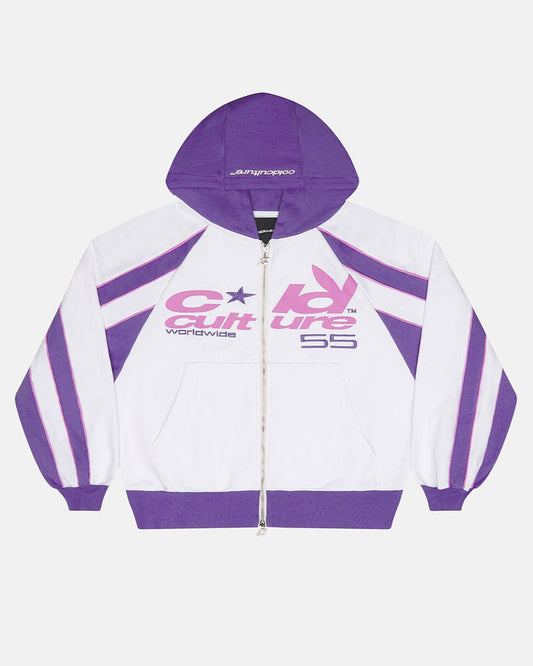TEASE ME ZIP HOODIE WHITE & PURPLE - white and purple zip-up hoodie, front view - Cold Culture