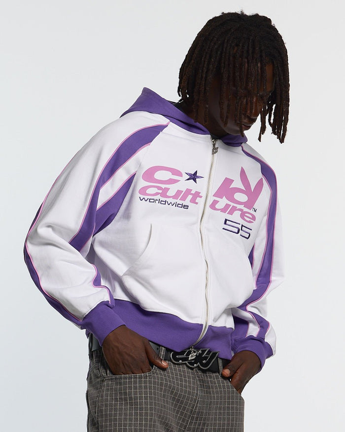 TEASE ME ZIP HOODIE WHITE & PURPLE - white and purple zip-up hoodie, front view on male model - Cold Culture #man