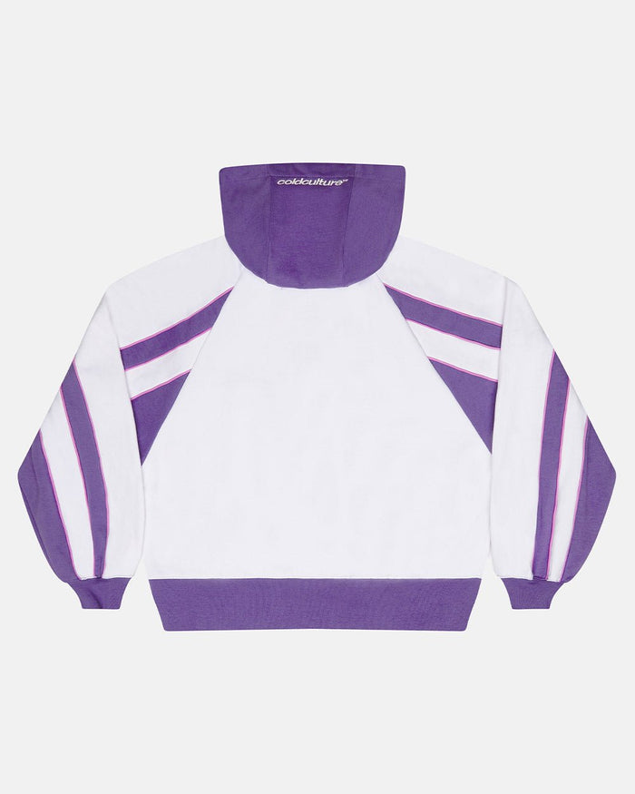 TEASE ME ZIP HOODIE WHITE & PURPLE - white and purple zip-up hoodie, back view - Cold Culture