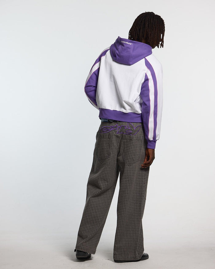 TEASE ME ZIP HOODIE WHITE & PURPLE - white and purple zip-up hoodie, back view on male model - Cold Culture #man