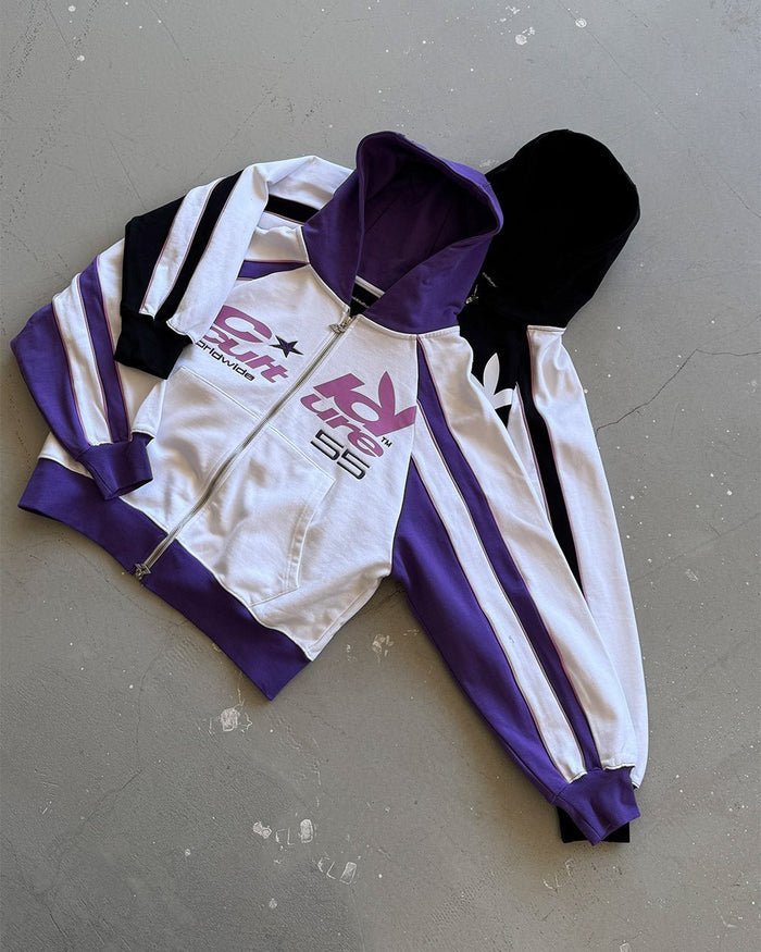 TEASE ME ZIP HOODIE WHITE & PURPLE - white and purple zip-up hoodie, flat lay with matching pieces - Cold Culture
