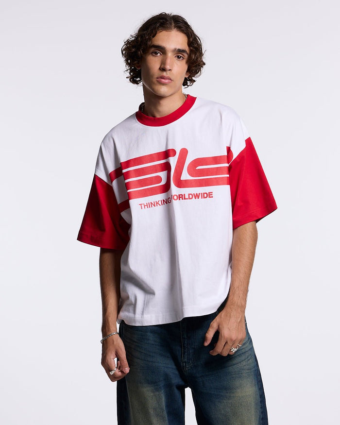 TEEN SPIRIT ERA TEE RED AND WHITE - red and white graphic print tee, front view on male model - Cold Culture #man