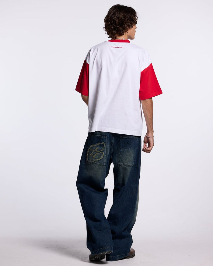 TEEN SPIRIT ERA TEE RED AND WHITE - red and white graphic print tee, back view on male model - Cold Culture #man