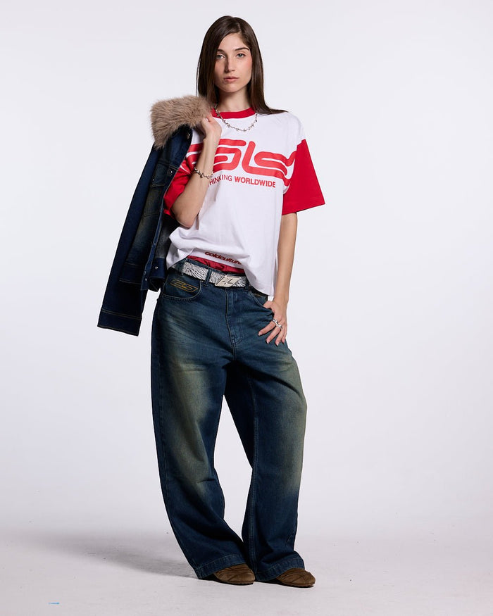 TEEN SPIRIT ERA TEE RED AND WHITE - red and white graphic print tee, front view on female model - Cold Culture #woman