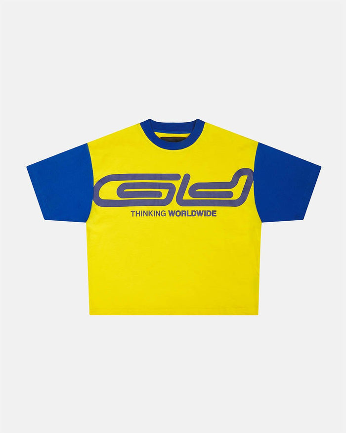 TEEN SPIRIT ERA TEE YELLOW AND BLUE - yellow and blue graphic print tee, front view - Cold Culture