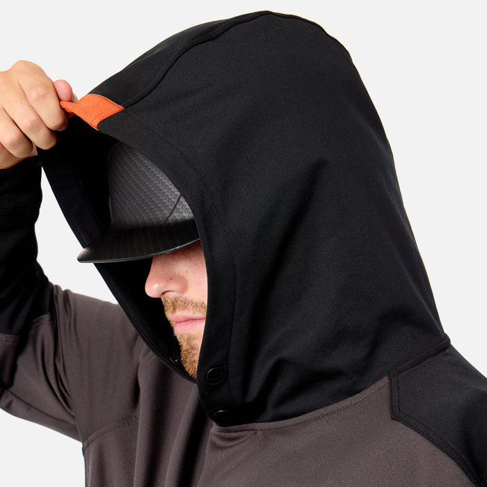 Hard hat compatible hood of the BRUNT light weight work hoodie in charcoal * 0