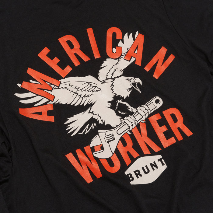 View 2 front of the long sleeve BRUNT high quality t-shirt in black with american worker graphic on back
