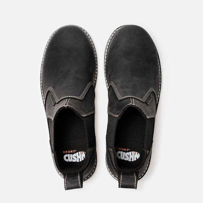 Above shot of the toe shape of the BRUNT 6 inch water-resistant slip-on composite ohman work boot in black