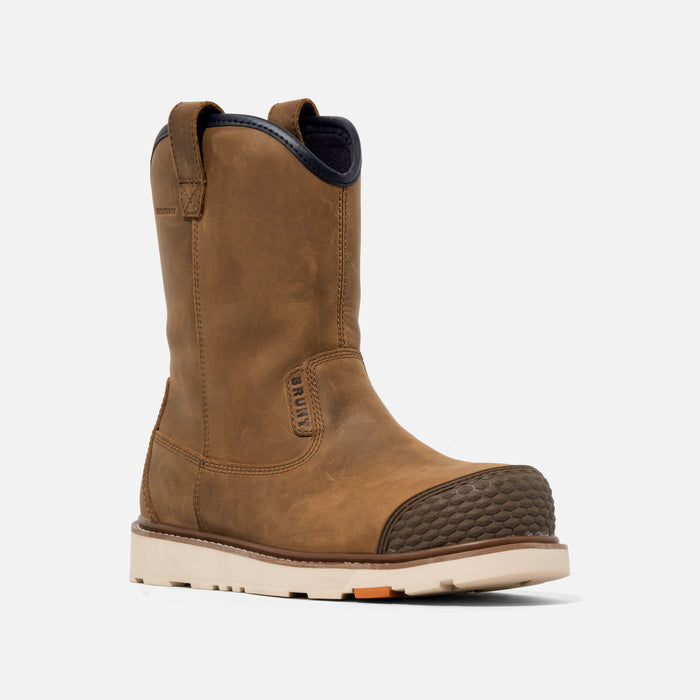 45 degree angle of the right BRUNT 9 inch waterproof reinforced composite toe roper bolduc work boot in brown