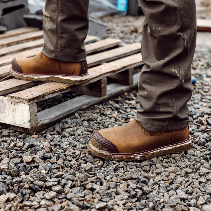 BRUNT 9 inch waterproof reinforced composite toe roper bolduc work boot in brown on construction site