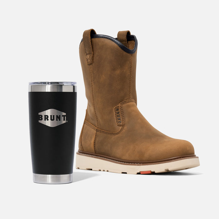 BRUNT 9 inch water-resistant unlined composite toe roper bolduc work boot in brown with 20oz BRUNT tumbler in black