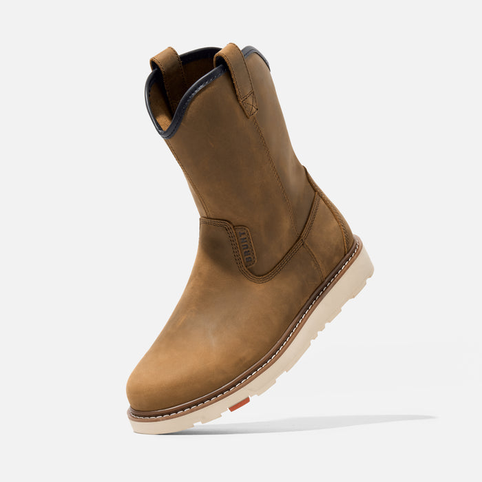 45 degree angle of the left BRUNT 9 inch water-resistant unlined composite toe roper bolduc work boot in brown