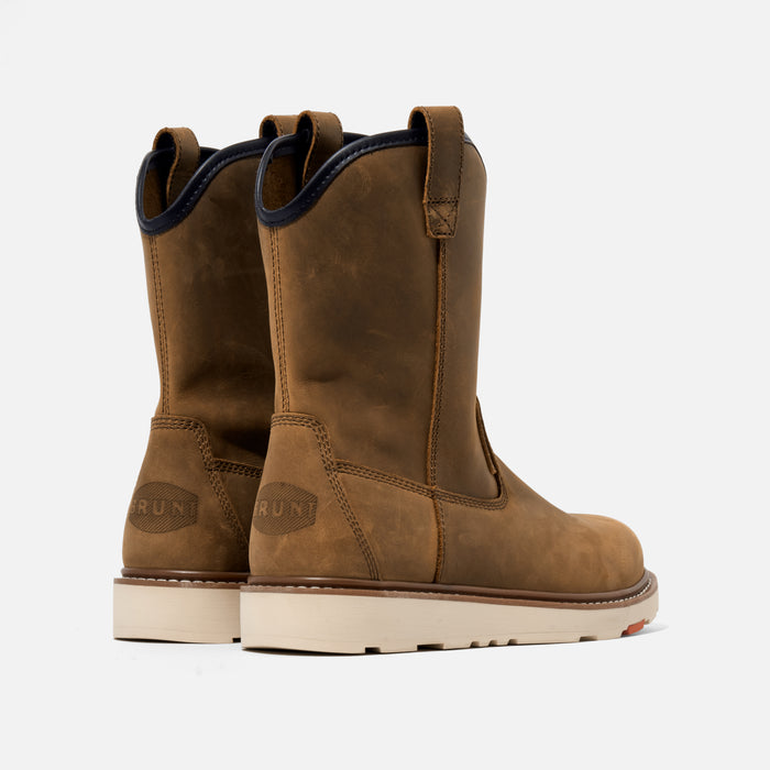 45 degree angle of the back BRUNT 9 inch water-resistant unlined composite toe roper bolduc work boot in brown