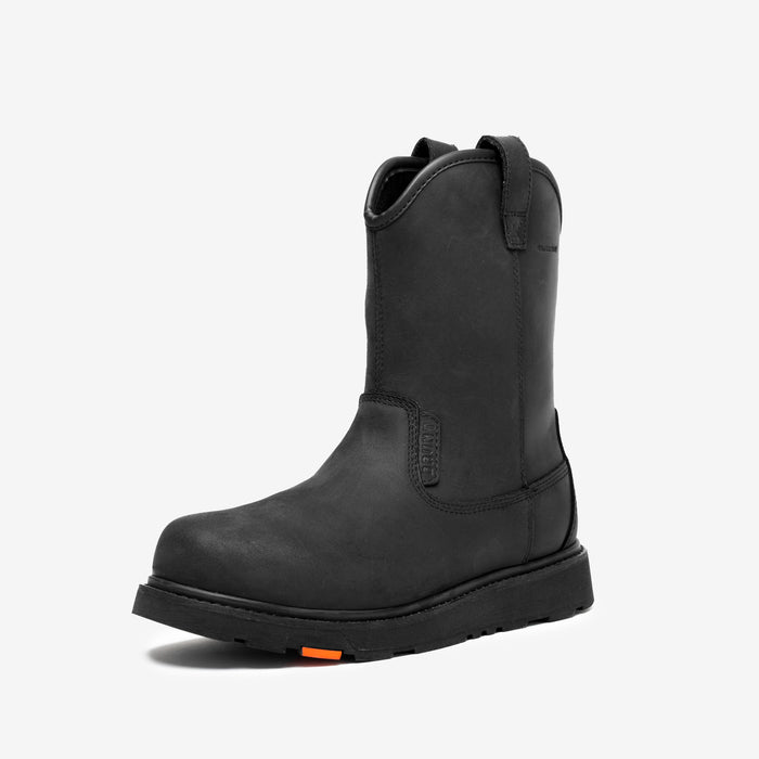 45 degree angle of the left BRUNT 9 inch waterproof composite toe roper bolduc work boot in black