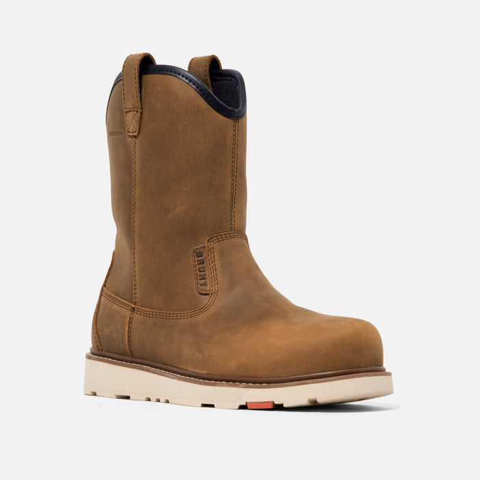 45 degree angle of the right BRUNT 9 inch waterproof soft toe roper bolduc work boot in brown