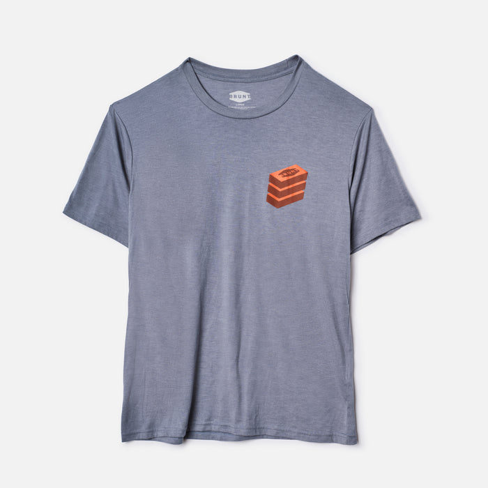 Front of the BRUNT high quality t-shirt in light blue heather with brick x brick graphic on back * 1