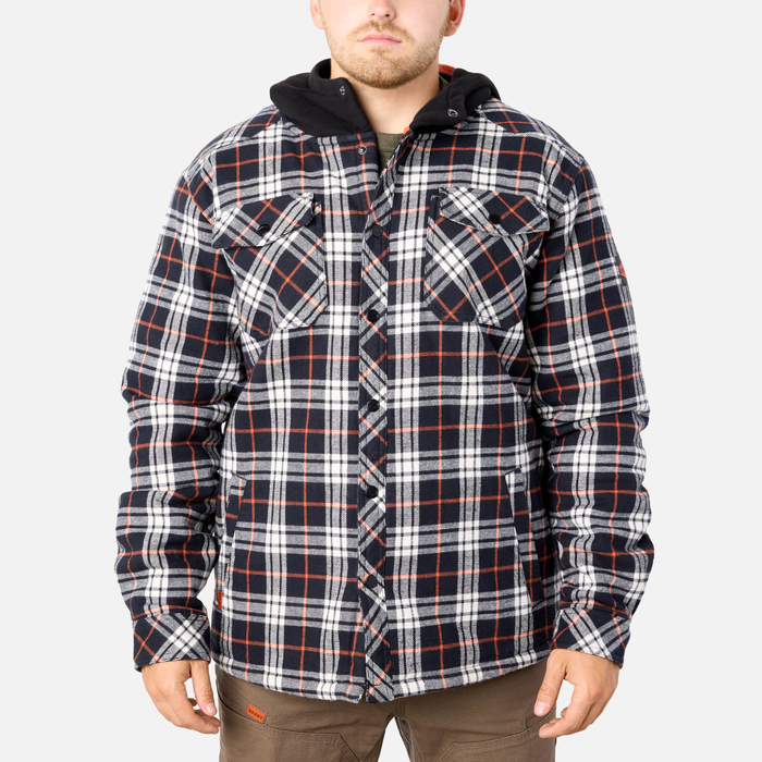 View 1 front of the BRUNT quilted flannel work jacket in black white plaid * 0