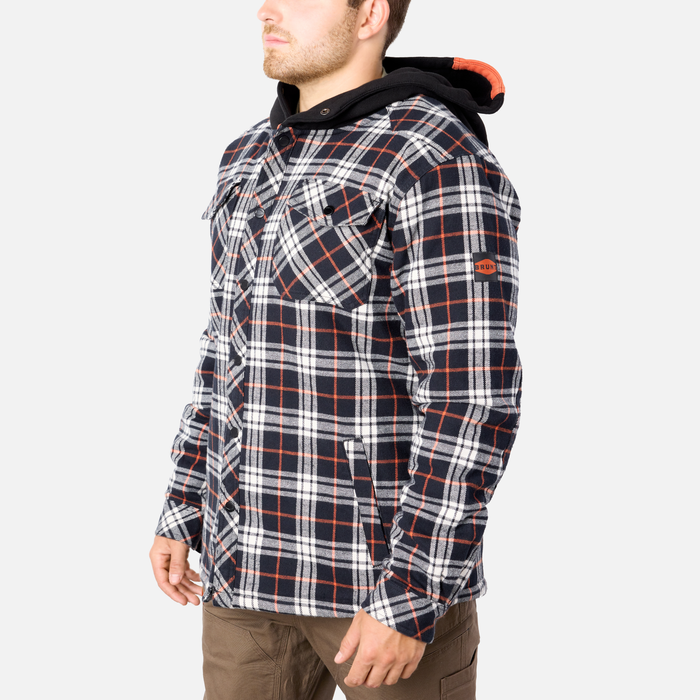 45 degree angle of the left BRUNT quilted flannel work jacket in black white plaid * 0