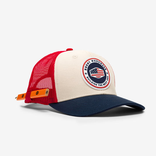 45 degree angle of front of BRUNT curved brim work hat with built in pencil holder and BRUNT usa 250 logo in limited edition red white and blue