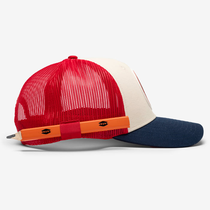 Right side of curved brim work hat with built in pencil holder and BRUNT usa 250 logo in limited edition red white and blue