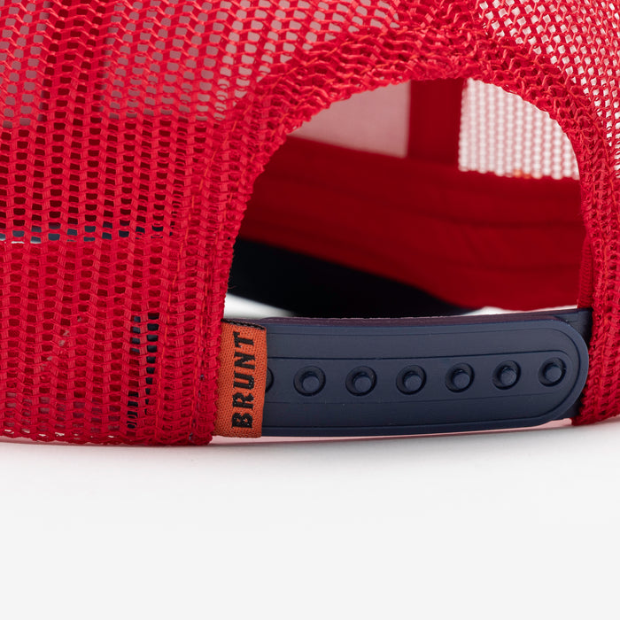 Back snaps of curved brim work hat with built in pencil holder and BRUNT usa 250 logo in limited edition red white and blue