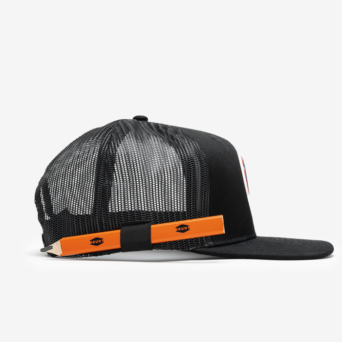 Right side of flat brim work hat with built in pencil holder and BRUNT usa 250 logo in limited edition black